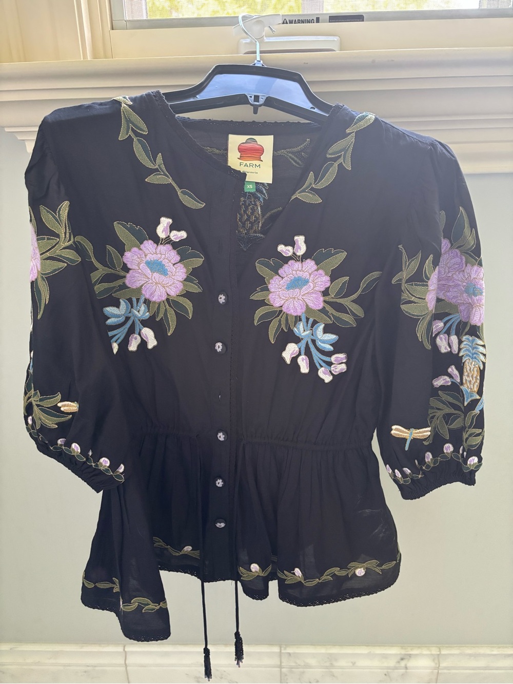 FARM Rio Black Peplum Blouse with Purple Floral Embroidery